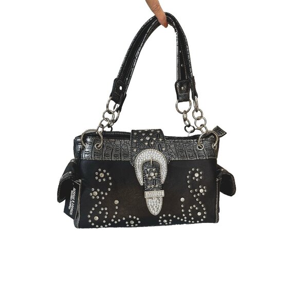 NWT Jesse James Conceal Carry Purse Black Rhinestone Buckle Bling Western Glam - Picture 1 of 16